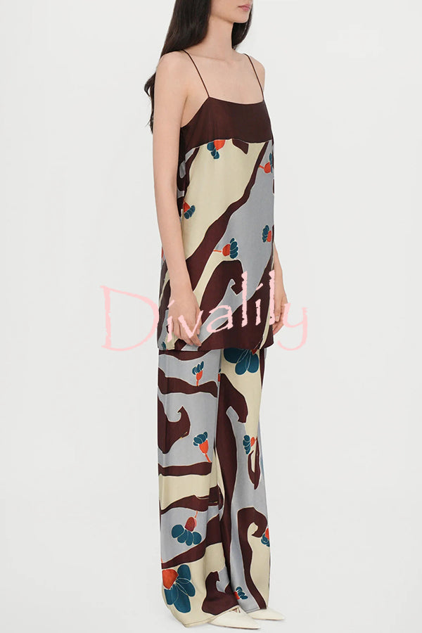 Loving Views Satin Unique Print a-line Tank and Elastic Waist Loose Pants Set