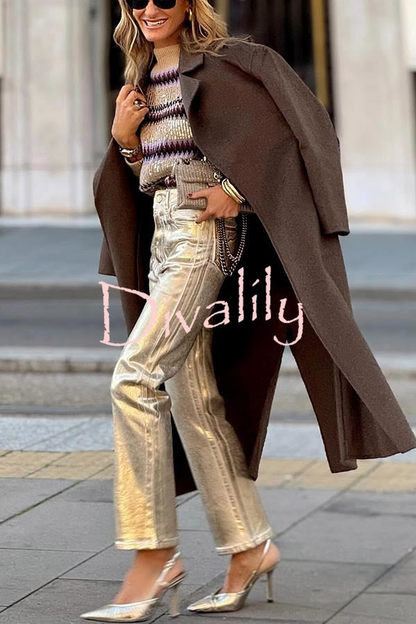 Infinite Ideas Retro Metallic Fabric High Waist Pocketed Straight Pants