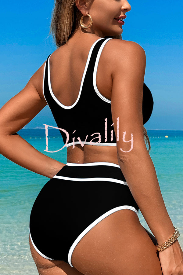 Solid Color Contrast High Waist Stretch Bikini Swimsuit