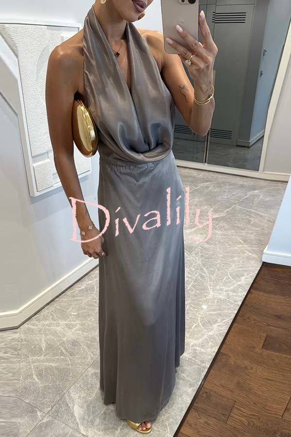 Elegant Dinner Satin Draped Cowl Neck Backless Maxi Dress