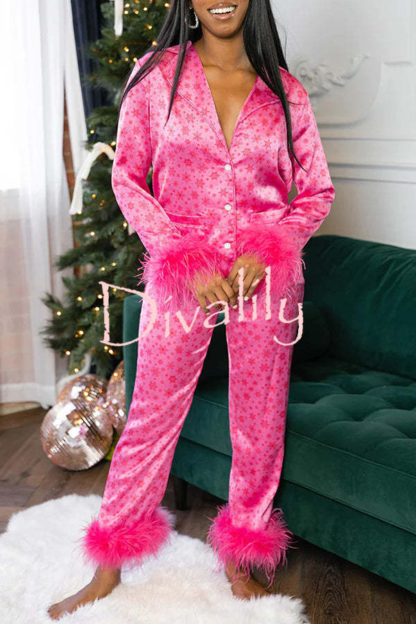 Christmas Besties Party Printed Feather Trim Elastic Waist Pocketed Pajama Set