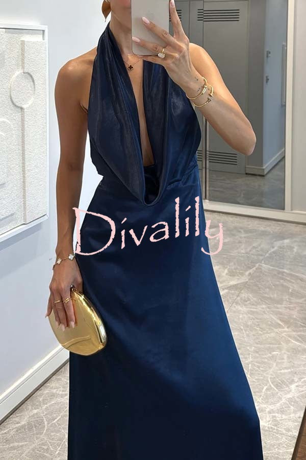 Elegant Dinner Satin Draped Cowl Neck Backless Maxi Dress