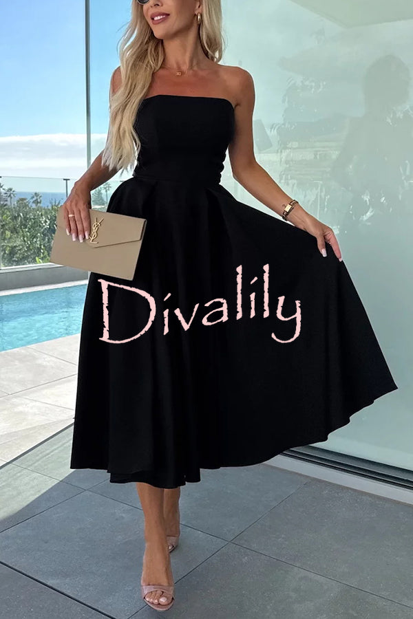 Sweet Cascade Solid Color Off Shoulder Pocket Full Hem Midi Dress