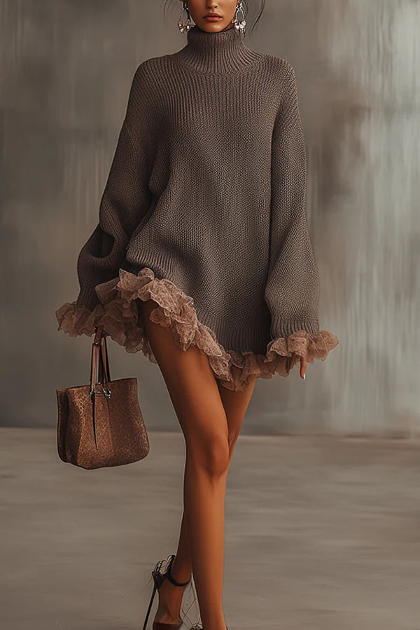Solid Color Turtleneck Long-sleeved Loose Ruffle Knit Mini Dress
