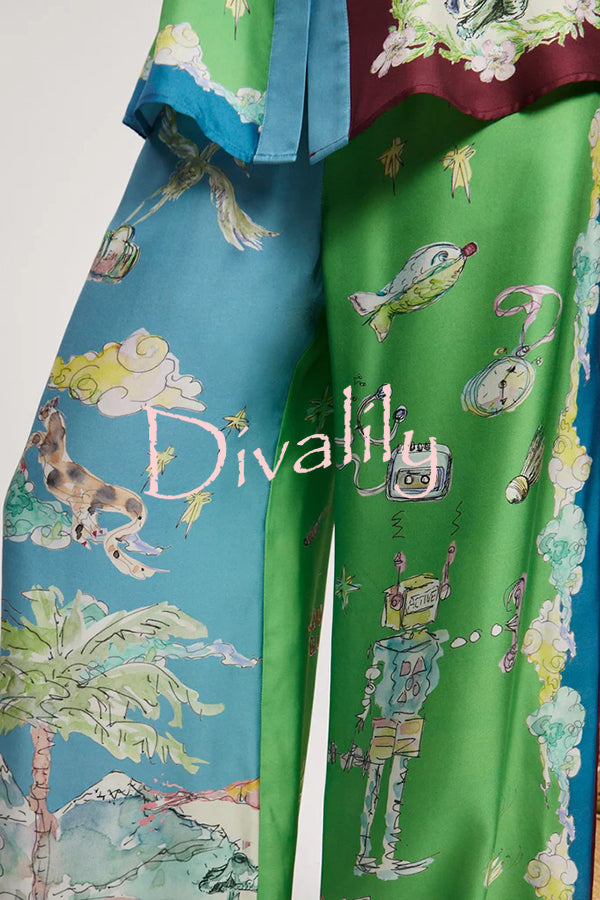 Unique Printed Lapel Short-sleeved Loose Shirt and Elastic Waist Tie Wide-leg Pants Set