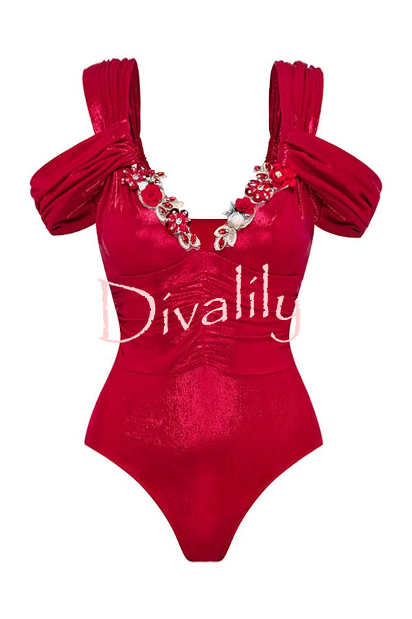 Solid Color Shiny Fabric Deep V Metal Embellished Stretch One-piece Swimsuit