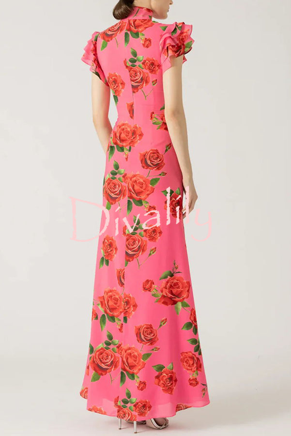 Cheongsam Style Rose Floral Print Tiered Flare Sleeve Stretch Maxi Dress