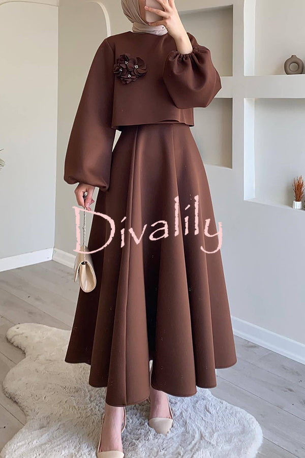 Solid Color Flower-embellished Lantern Sleeve Loose Top and Casual Maxi Skirt Set