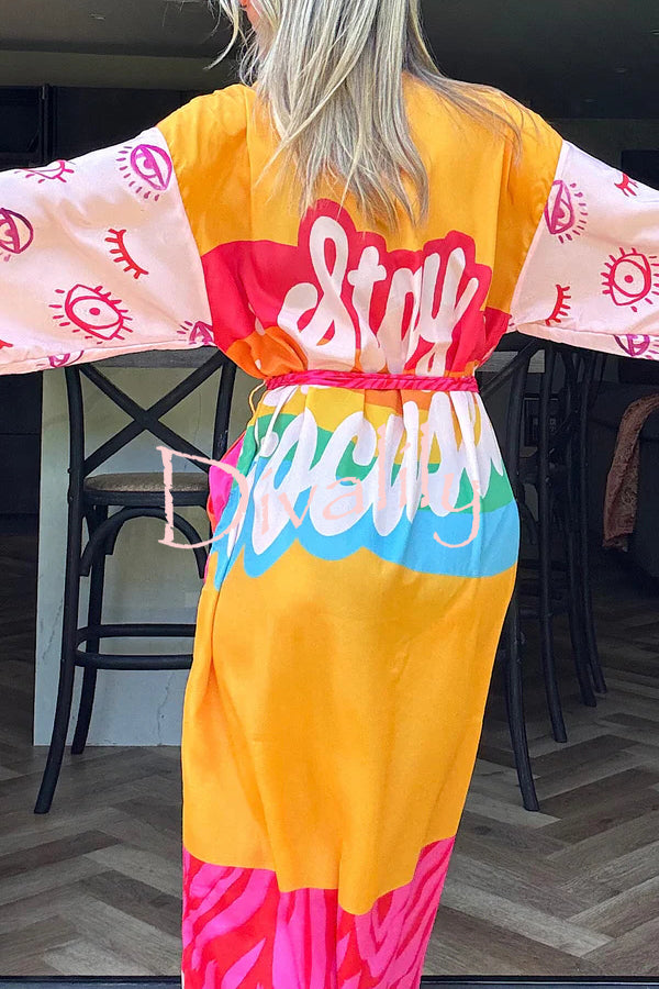 Elevate Beach Style Unique Print Long Sleeve Belted Pocket Cover-up Kimono