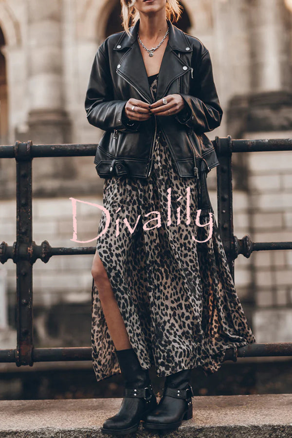 Minimal and Chic Leopard Print Long Sleeve A-line Slit Flowy Maxi Dress