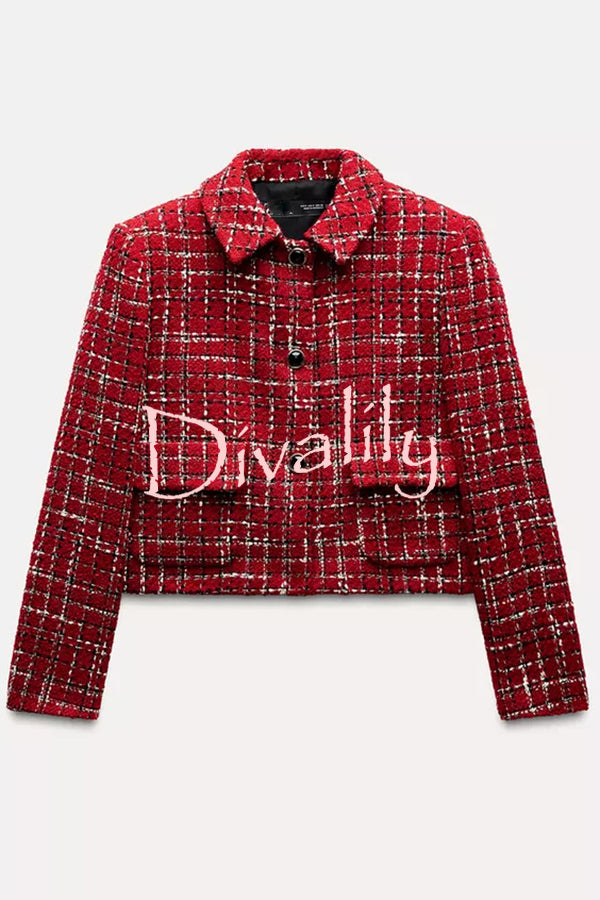 Tweed Plaid Textured Long-sleeved Casual Pocket Jacket