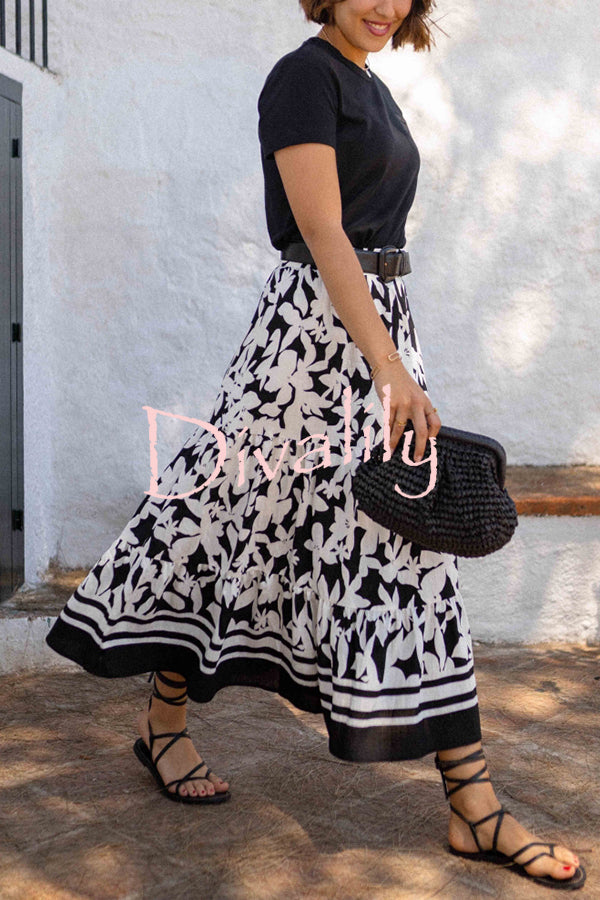 Resort Style Botanical Print Elastic Waist Loose Stitching Midi Skirt