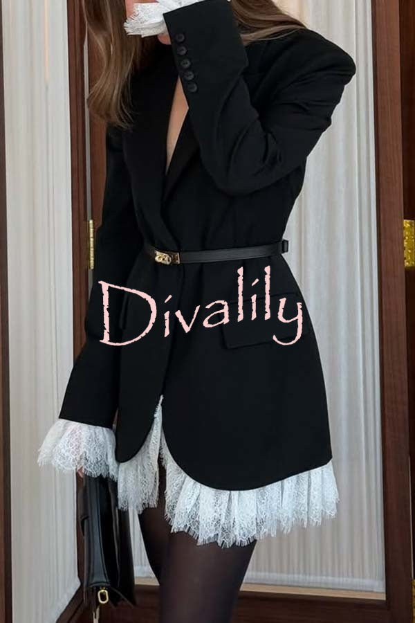 Cue The Chic Lace Trim Button Long Sleeve Lapel Blazer Mini Dress