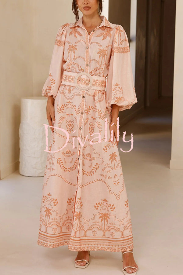 Linen Blend Lapel Puff Sleeve Casual Waist Belted Maxi Dress