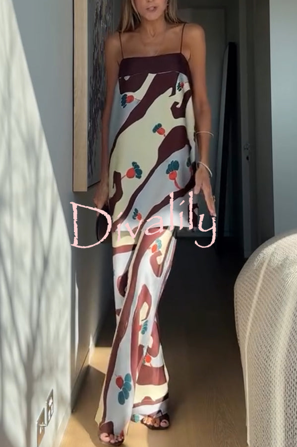 Loving Views Satin Unique Print a-line Tank and Elastic Waist Loose Pants Set