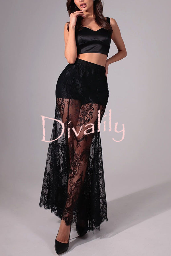 Perfect Party Lace Elastic Waist Contains Lining A-line Maxi Skirt