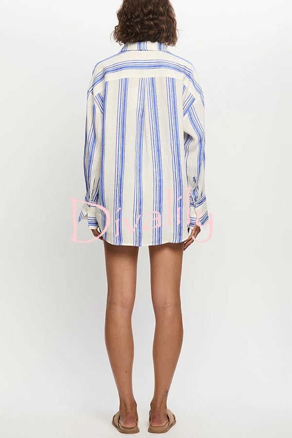 Stripe Print Lapel Long-sleeved Casual Shirt and Elastic Waist Loose Shorts Set