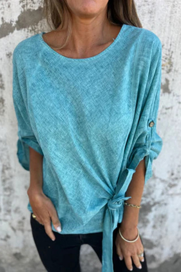Solid Color Casual Round Neck Loose Knot Top