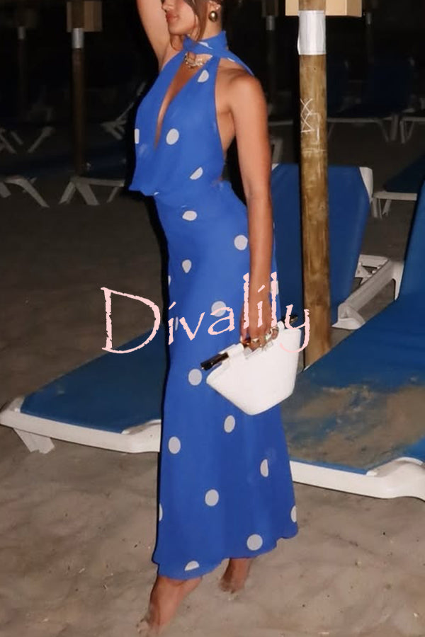 Fashion Polka Dot Print Sexy Halter Neck Backless Maxi Dress