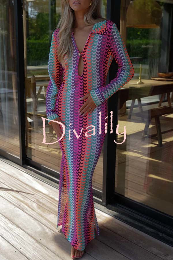 Eleanor Knit Colorful Wave Unique Print Shirt U-neck Long Sleeve Slit Maxi Dress