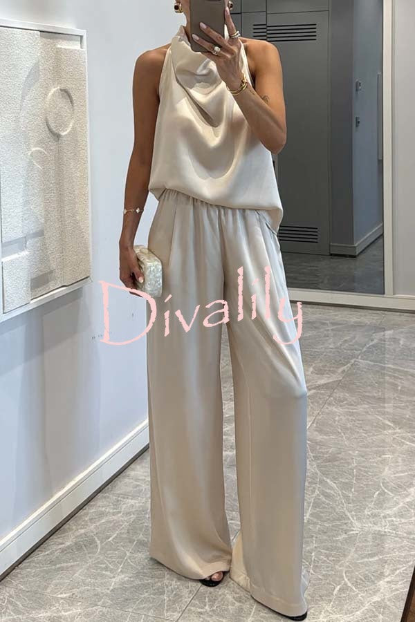 Classic on You Satin High Cowl Neck Top and Elastic Waist Pocket Loose Pants Set