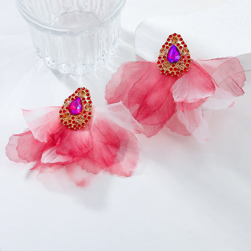 Bohemian Drop-shaped Diamond Fabric Floral Earrings