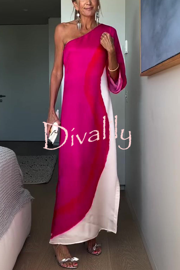 Contrast Print Elegant One-sleeve Slit Maxi Dress