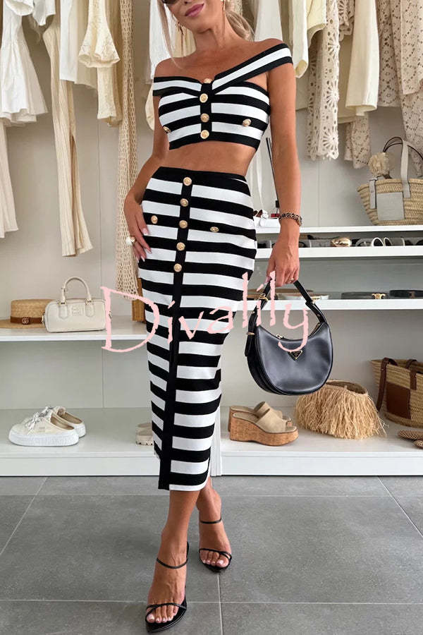 Sexy Elegant Striped Metal Button Off Shoulder Top and High Rise Slit Stretch Skirt Set
