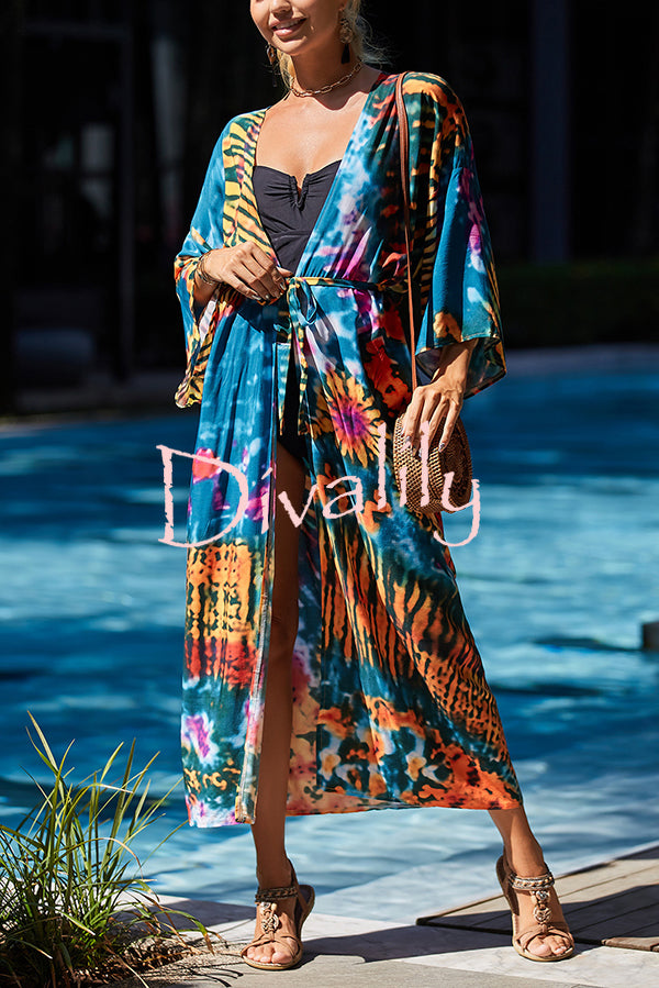 Unique Print Loose Lace Up Holiday Maxi Cover Up