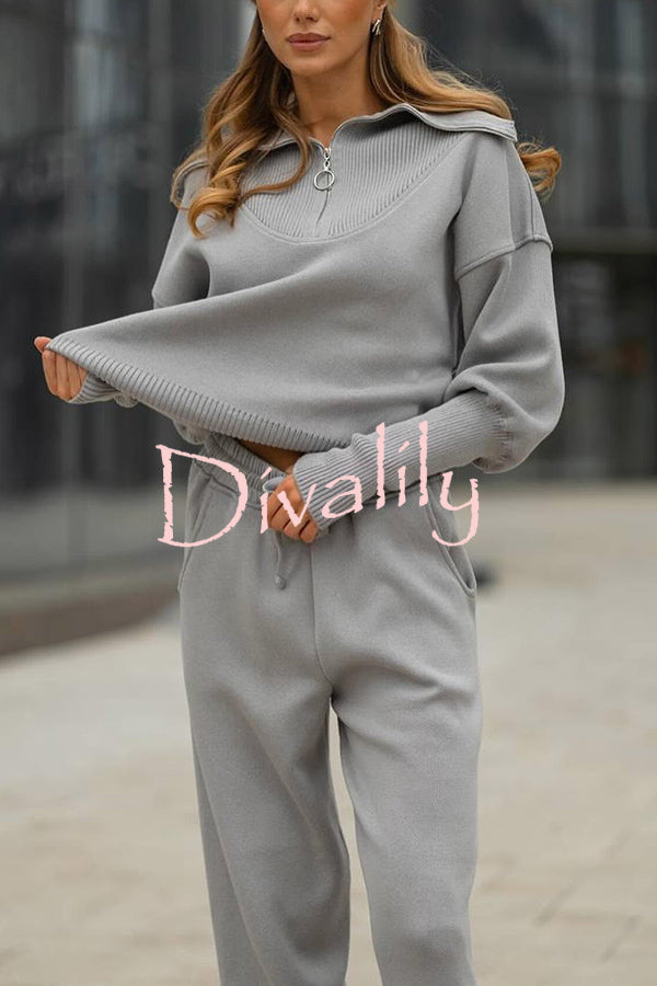 Solid Color Long-sleeved Zip-up Sweatshirt and Elastic Waist Loose Pocket Pants Set