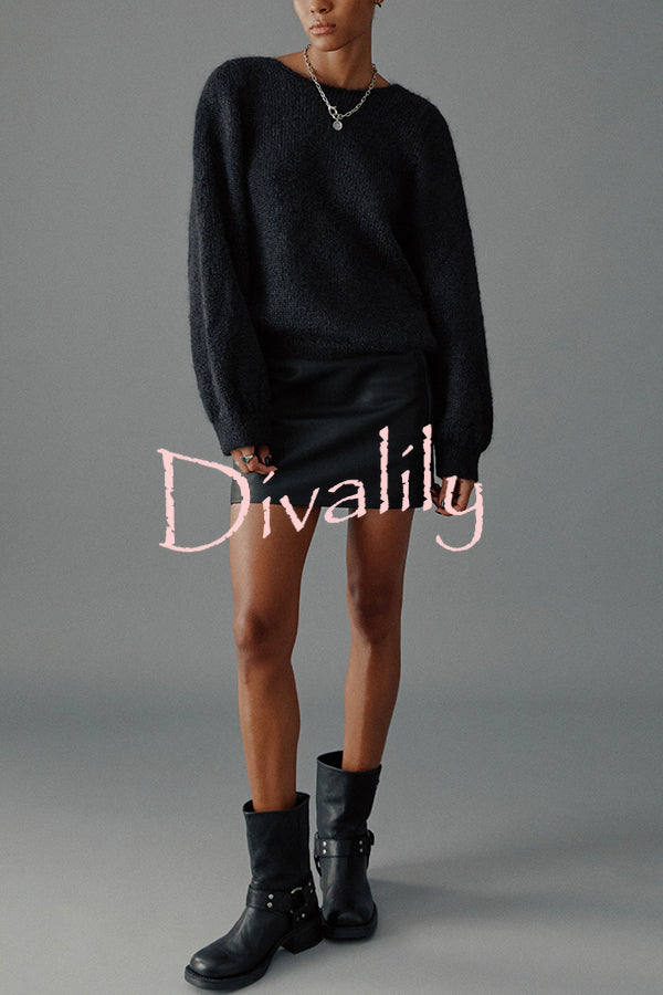 Chunky Season Knit Mohair-blend Long Sleeve Open Back Knot Design Loose Sweater