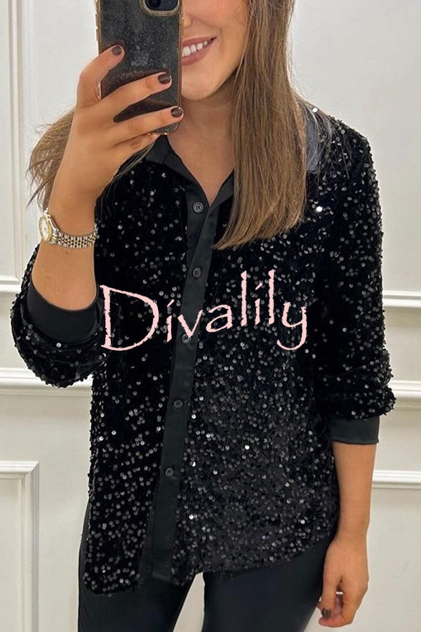 Fashion Velvet Sequined Loose Casual Long-sleeved Shirt