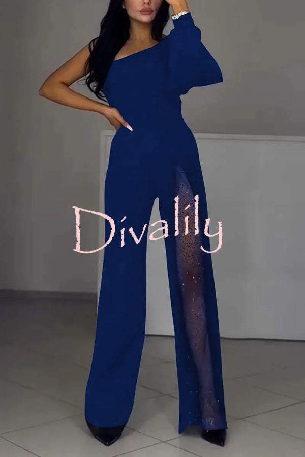 Fashionable Oblique Shoulder One-sleeve Sexy High Slit Slim Jumpsuit