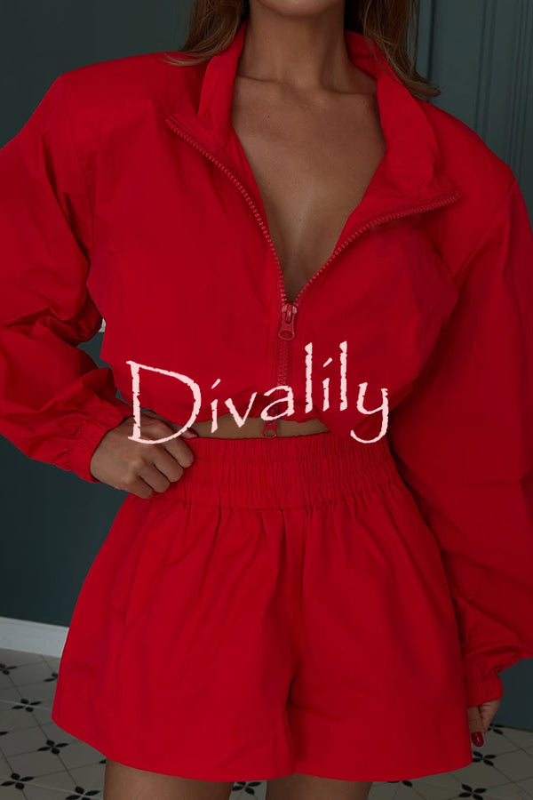 Solid Color Lapel Long-sleeved Loose Zipper Jacket and Elastic Waist Casual Shorts Set
