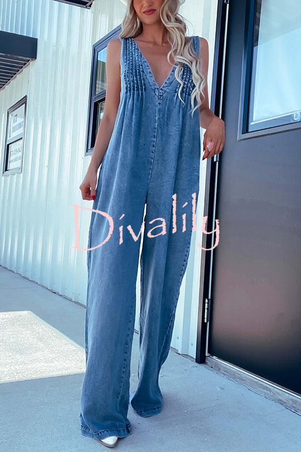 Solid Color Sexy V-neck Open Back Pleated Loose Denim Jumpsuit