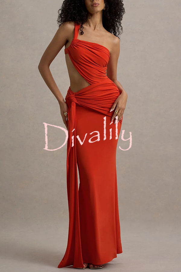 Sexy One-shoulder Backless Ribbon Pleated Slim Maxi Dress