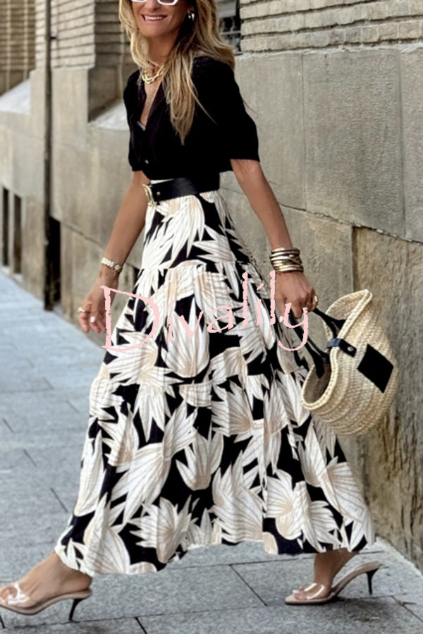 Resort Style Botanical Print Elastic Waist Loose Stitching Midi Skirt