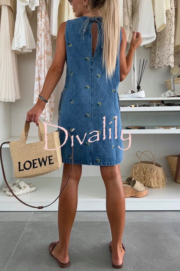Floral Print Round Neck Sleeveless Loose Denim Mini Dress