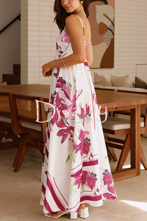 Botanical Print Halter Square Neck Pleated Loose Maxi Dress