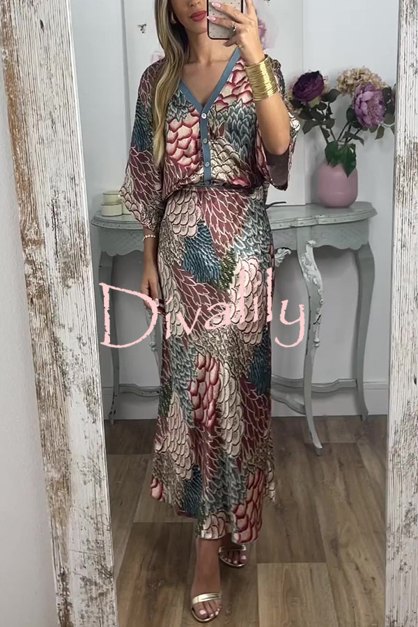 Harlen Satin Unique Printed Loose Shirt Top and Elastic Waist Maxi Skirt Set