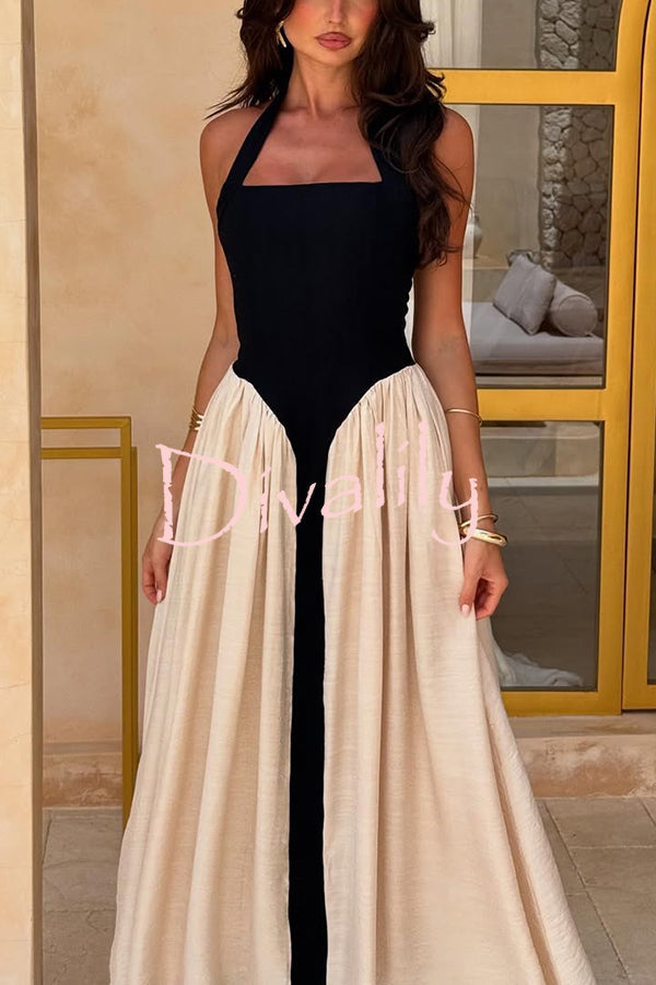 Fashion Contrast Color Stitching Sleeveless Backless Slim Maxi Dress