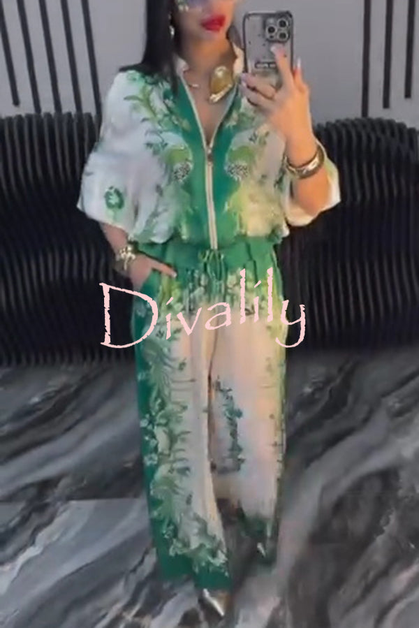 Unique Printed Casual Long-sleeved Loose Top and Elastic Waist Pocket Wide-leg Pants Set