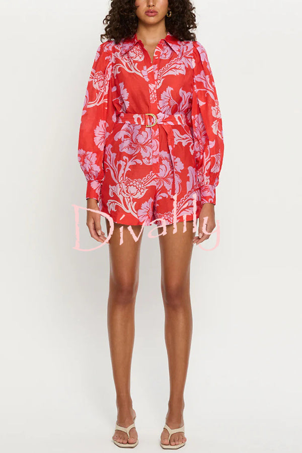 Linen Blend Botanical Print Lapel Puff Sleeve Loose Tie Casual Rompers