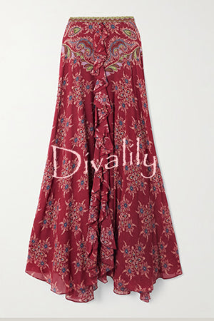 Unique Printed Chiffon Long-sleeved Loose Shirt and Elegant Ruffled Maxi Skirt Set