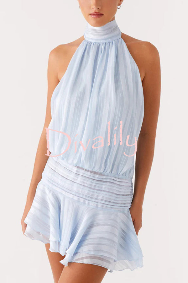 Fashion Halterneck Tie Pleated Sexy Backless Mini Dress
