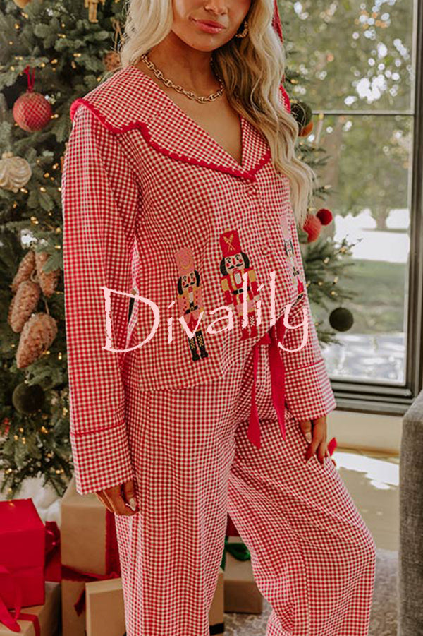 Nutcracker Charm Embroidered Gingham Loose Shirt and Elastic Waist Pajama Set