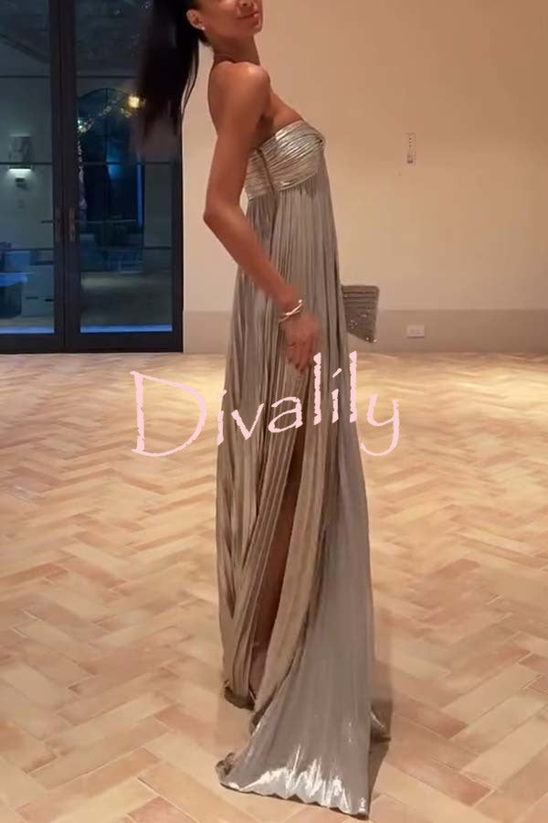 Night Elf Metallic Fabric Pleated Off Shoulder Twist Bust Slit Maxi Dress