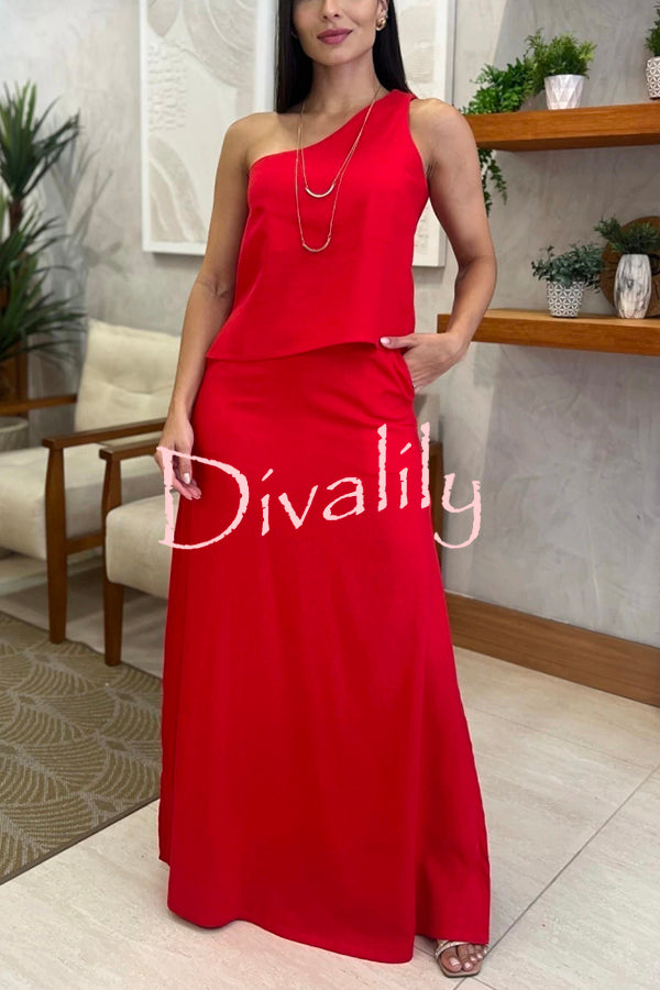 Solid Color One Shoulder Sleeveless Top and High Waisted Slit Tie Up Maxi Skirt Set
