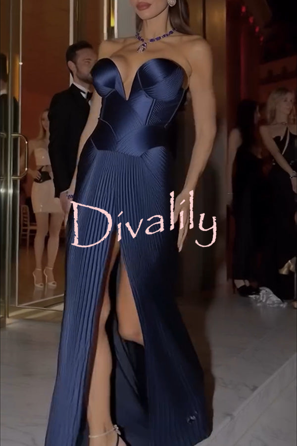 Stunning The Audience Plissé Satin Off Shoulder Drape Slit Gown Maxi Dress