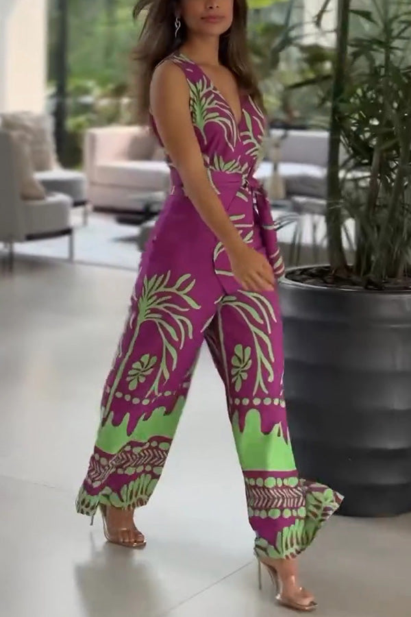 Unique Printed V-Neck Sleeveless Waist Tie Jumpsuit